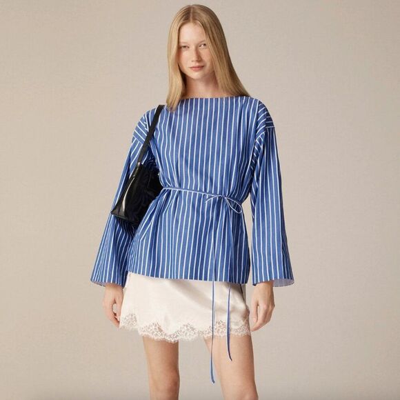 J. Crew CJ011 Blue and white Ciel top in striped cotton poplin NWT missing belt - Picture 2 of 11